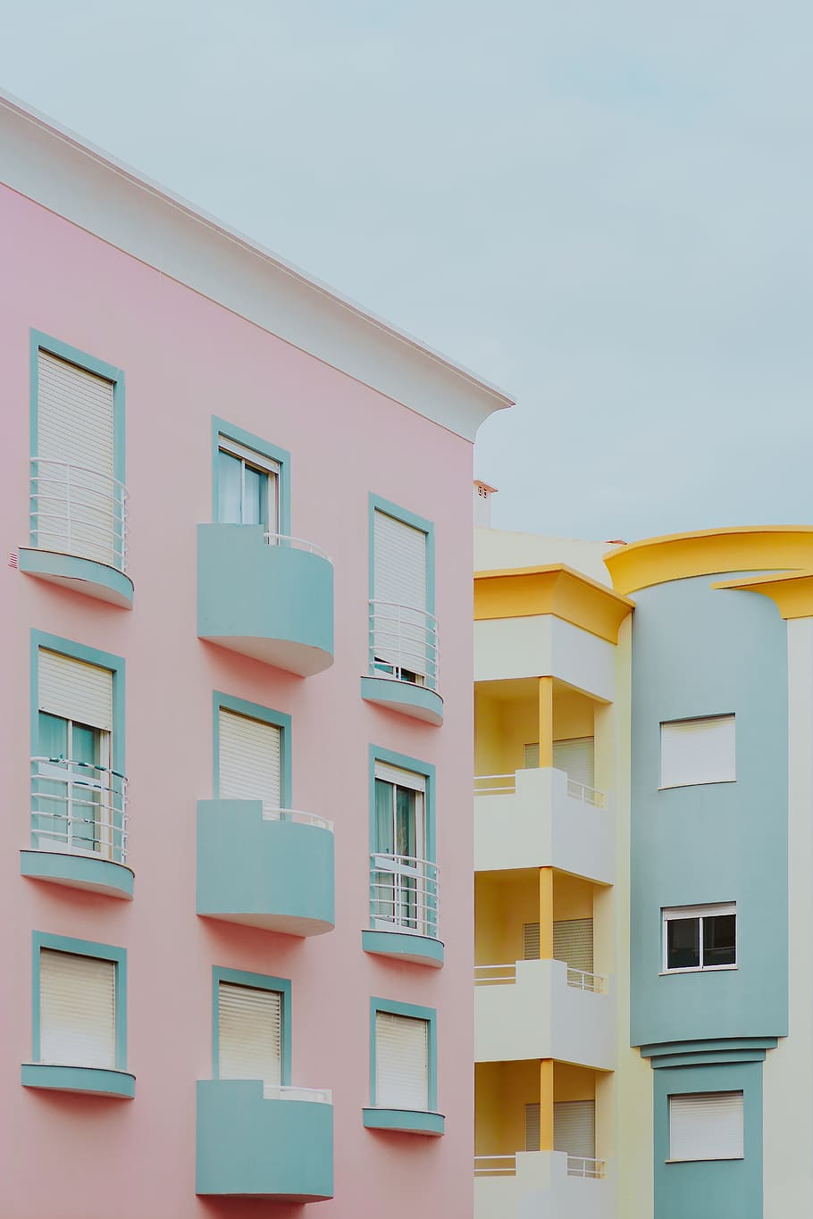 Pastel pink & light blue building, Lagos, Portugal, minimal, HD wallpaper
