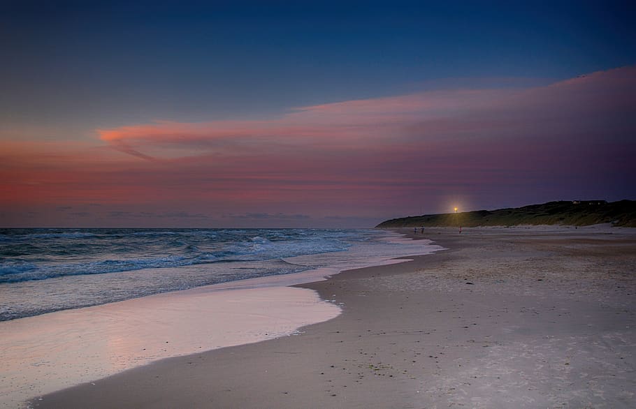 twilight, sea, lighthouse, sky, water, beach, tornby, denmark HD wallpaper