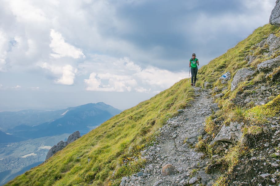 grass, up, landscape, walk, road, clouds, travel, girl, mountains HD wallpaper
