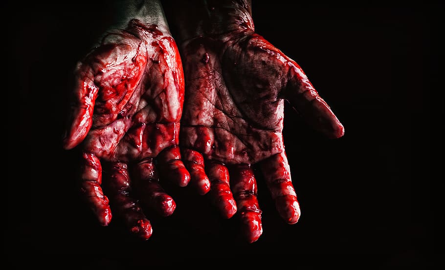 Person's Hands Covered With Blood, black background, bloody, close-up