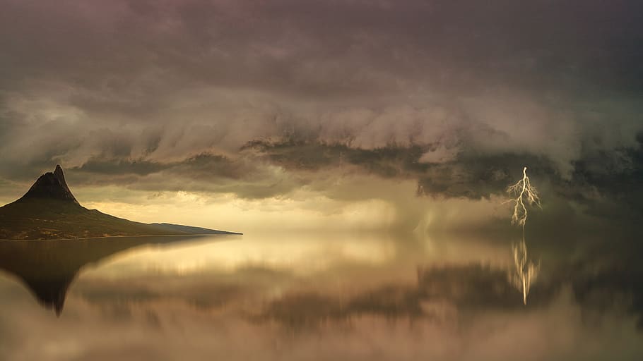 Mountain By Body Of Water, calm, clouds, dawn, dramatic, landscape HD wallpaper