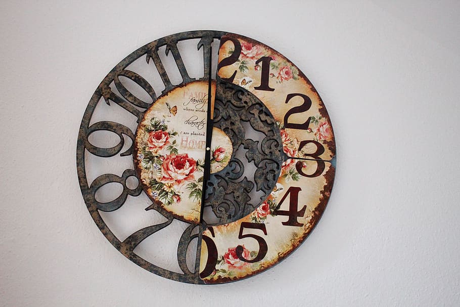 clock, time, hours, clock face, retro look, roses, decorative HD wallpaper