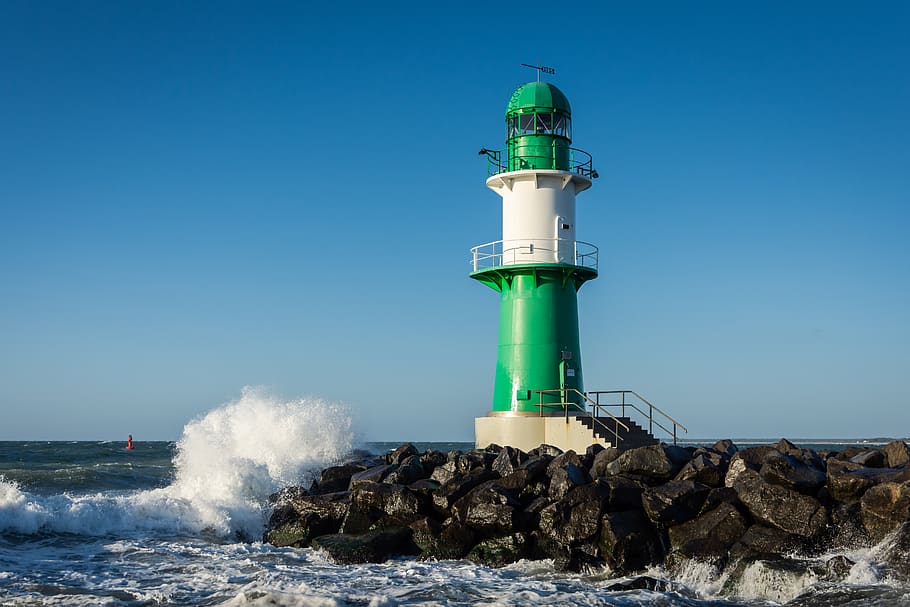 lighthouse, sea, port, mole, water, sky, nature, rock, guidance HD wallpaper