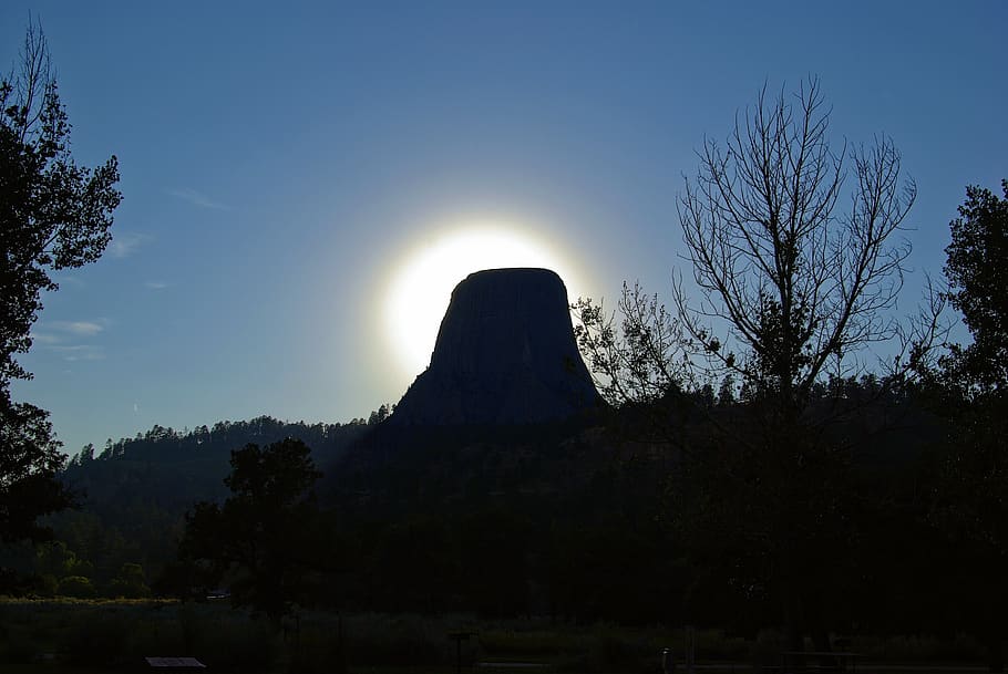 devils tower dusk, wyoming, nature, landscape, rock, national, HD wallpaper