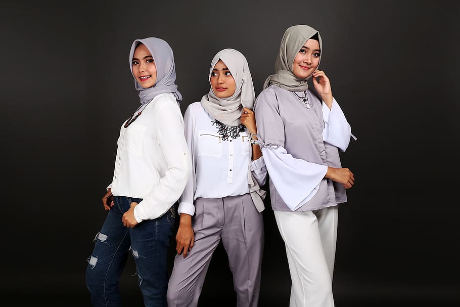 Three Women Wearing Hijab Beside Each Other, beautiful, black background, HD wallpaper