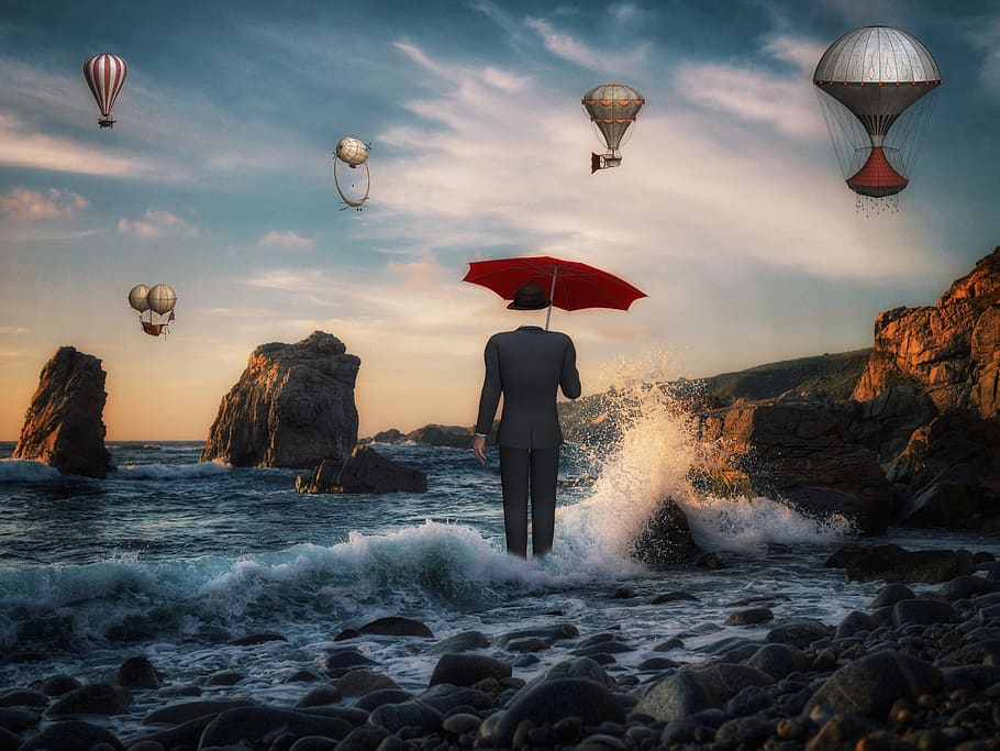 man, headless, screen, red screen, water, stones, sea, air ships HD wallpaper