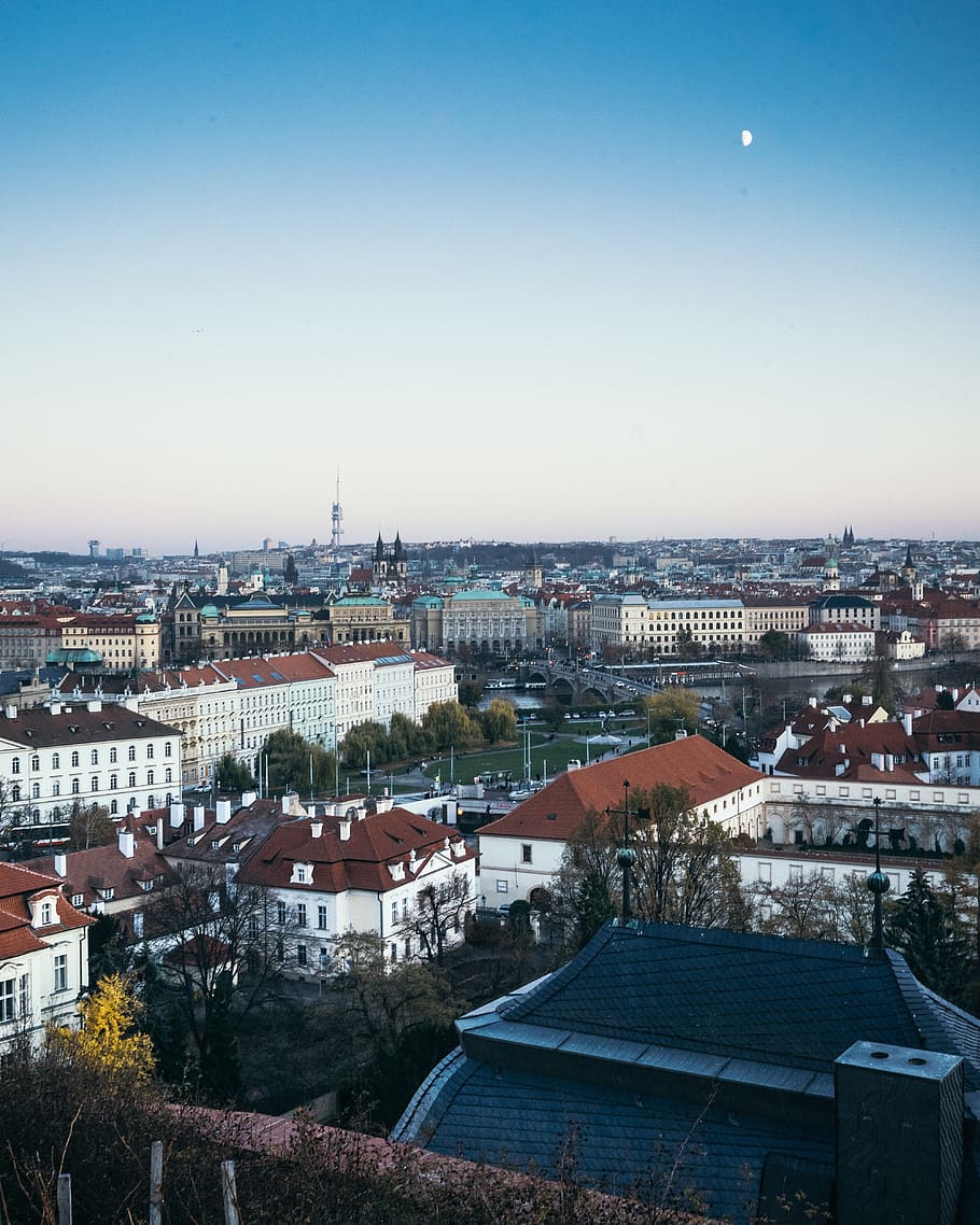 prague, castle, city scape, landscape, travel, view, sky, moon HD wallpaper