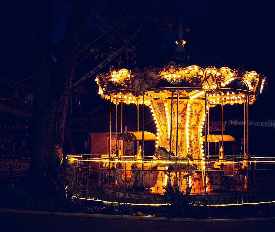 Lit Up Carousel, dark, evening, illuminated, lights, luminescence HD wallpaper