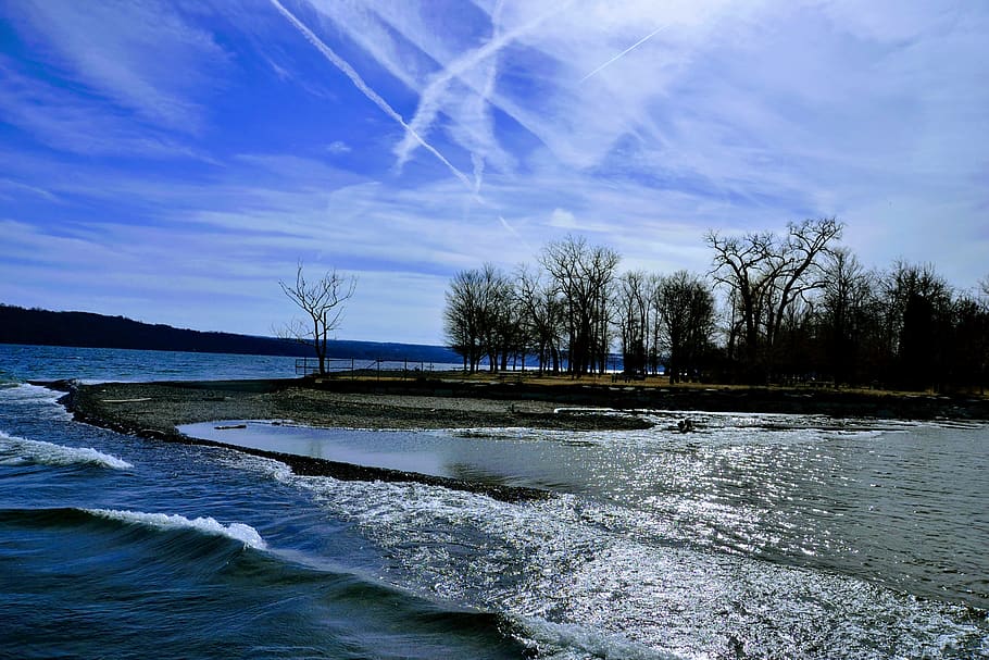united states, ithaca, river, landscape, waves, water, sky HD wallpaper