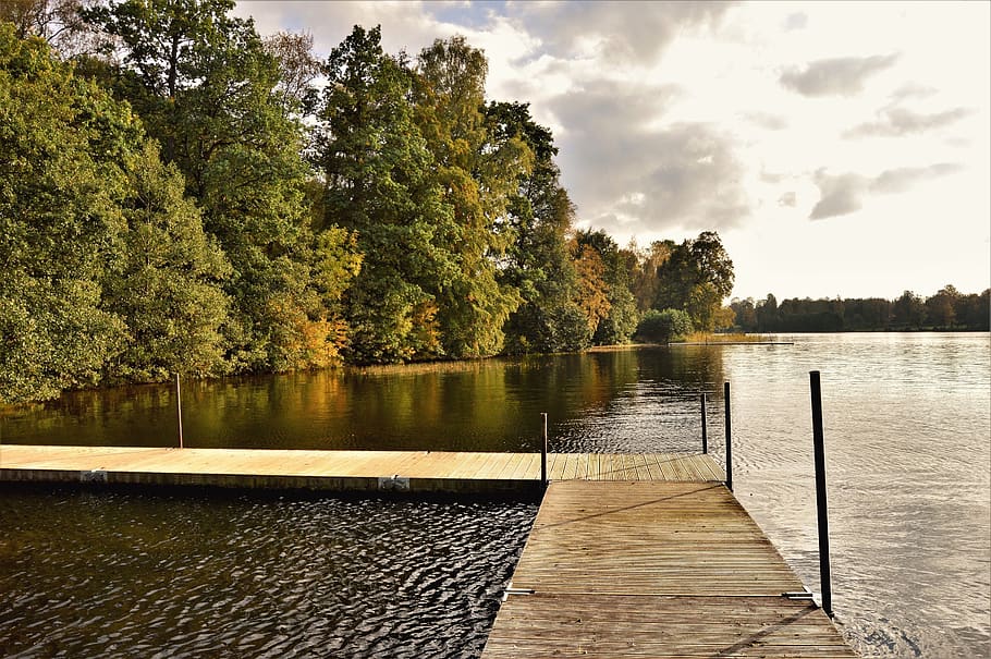 sweden, water, lake, fall, autumn, sky, tree, trees, bridge HD wallpaper
