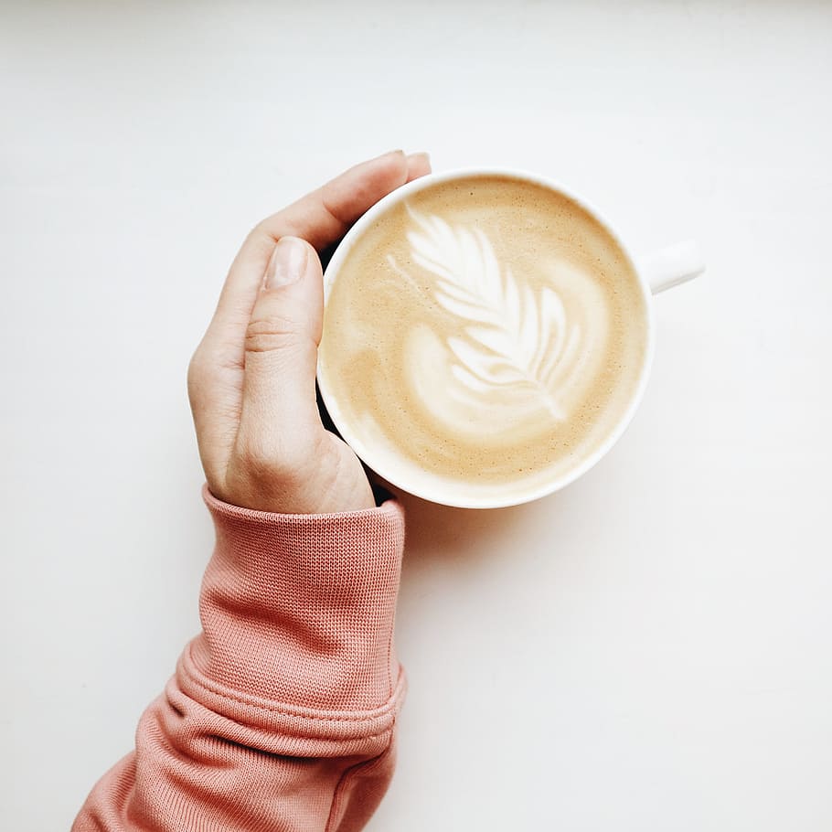person holding white mug, coffee, latte, tasty, milk, mood, fun, HD wallpaper