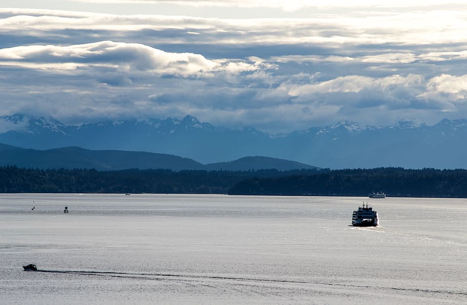 ferry, mountains, layers, sky, clouds, scenic, boat, water HD wallpaper