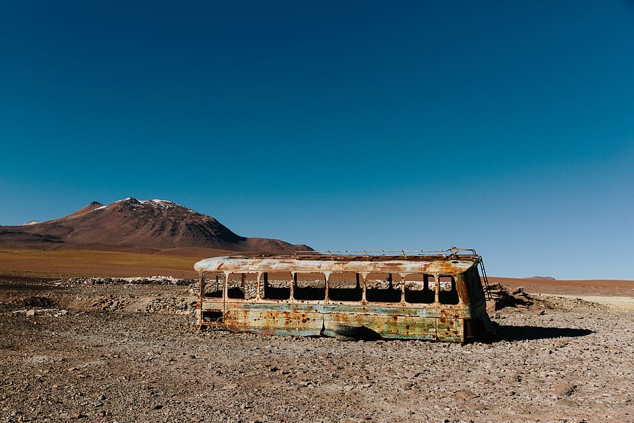 white and brown bus frame, sky, blue, land, clear sky, scenics - nature HD wallpaper