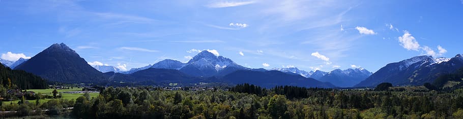 austria, reutte, clouds, trees, alps, panorama, sky, mountains HD wallpaper