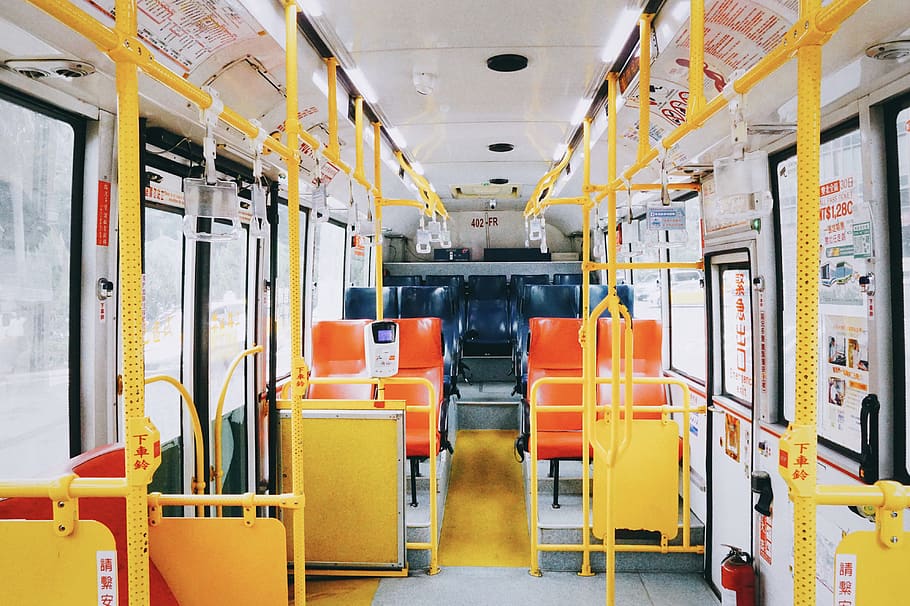 empty white and yellow bus, chair, furniture, vehicle, transportation HD wallpaper