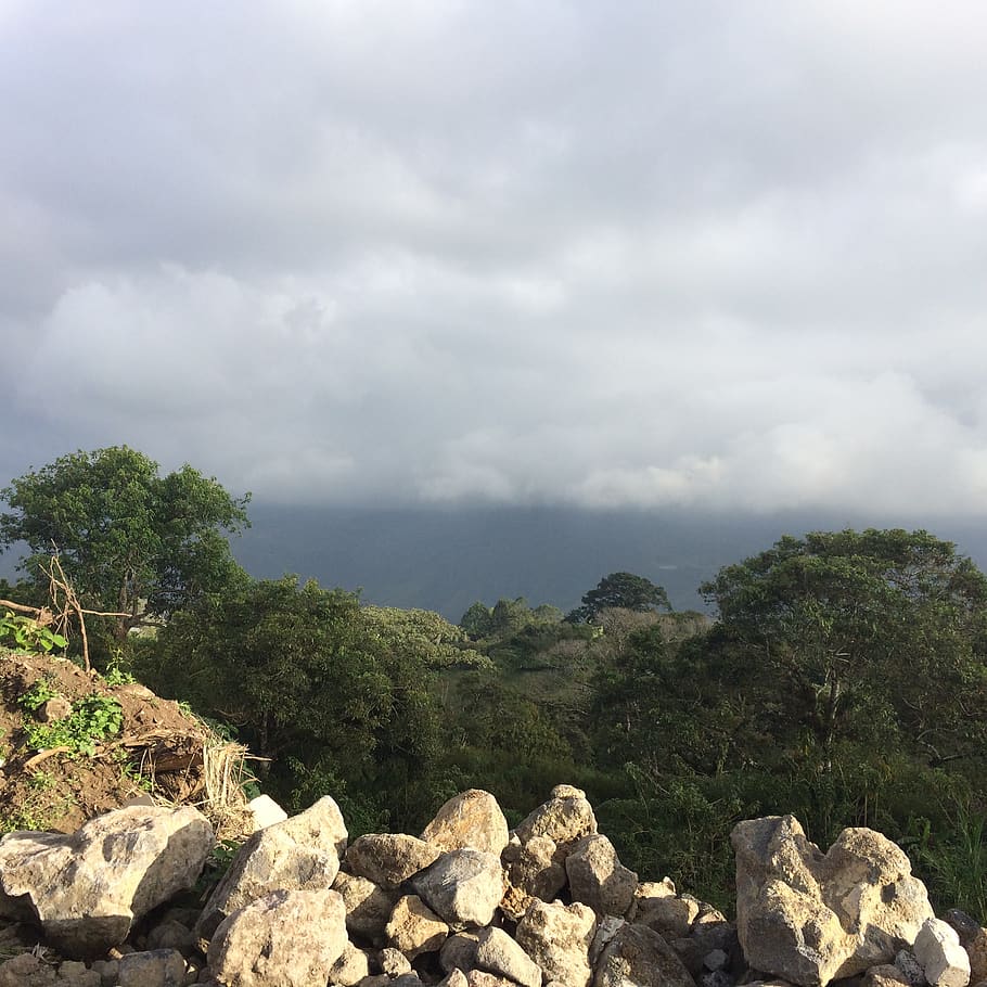 clouds, trees, valley, view, rock, plant, solid, rock - object HD wallpaper
