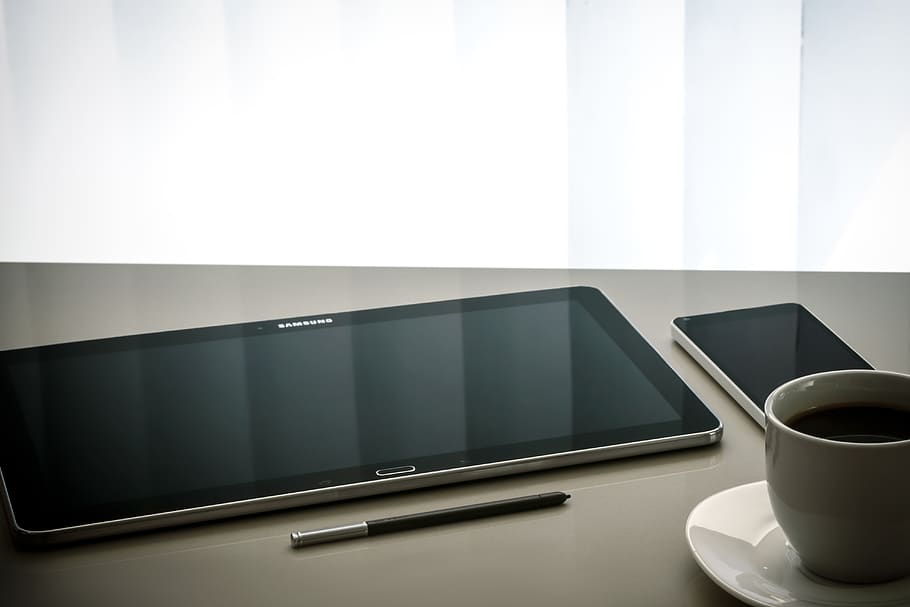 workplace, modern, tablet, screen, work desk, coffee, pen, touch, HD wallpaper
