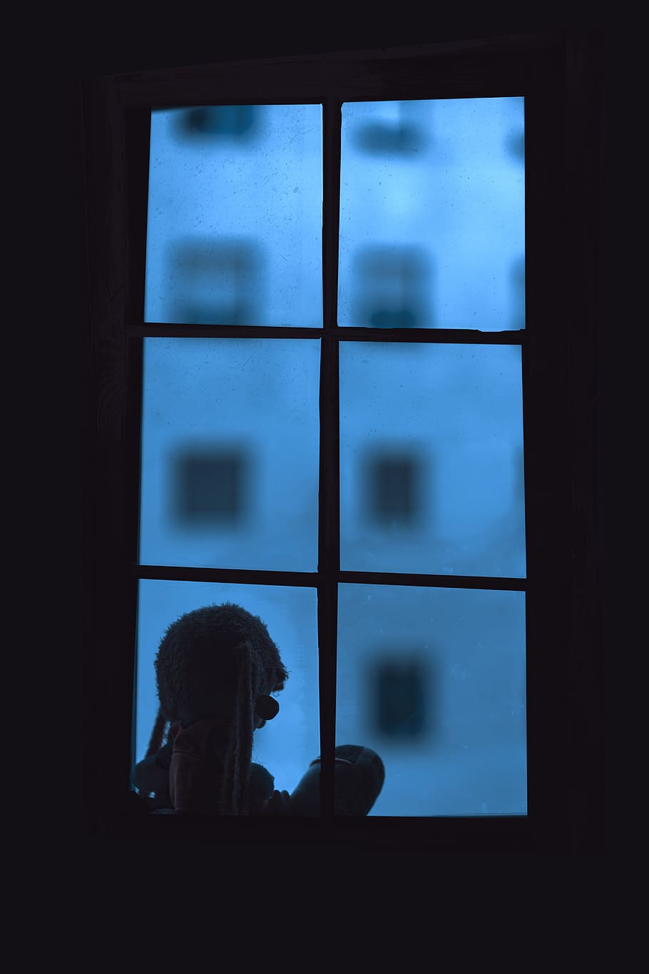 window, low key, blue, teal, doll, mooding, glass - material HD wallpaper