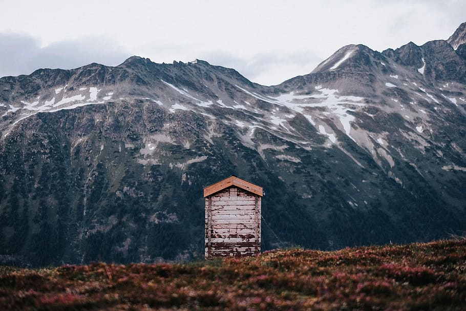 white and brown house facing mountain, hut, field, snow, cold HD wallpaper
