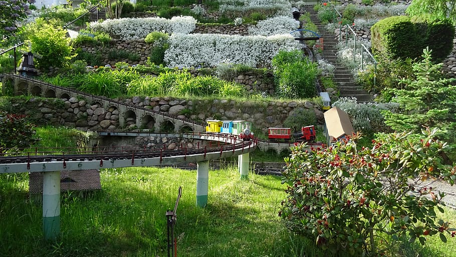 garden, plant, railway, model, train, building, hobby, operational HD wallpaper
