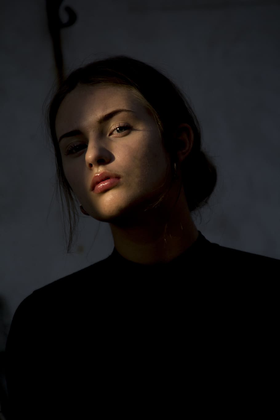 woman wearing black crew-neck top, human, face, person, portrait