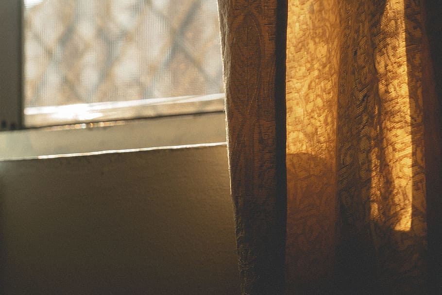 brown lace window curtain, living room, window treatment, night fall