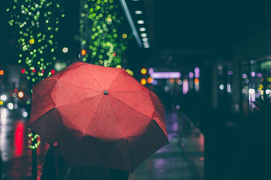 red, umbrella, raining, night, dark, street, city, urban, lights HD wallpaper