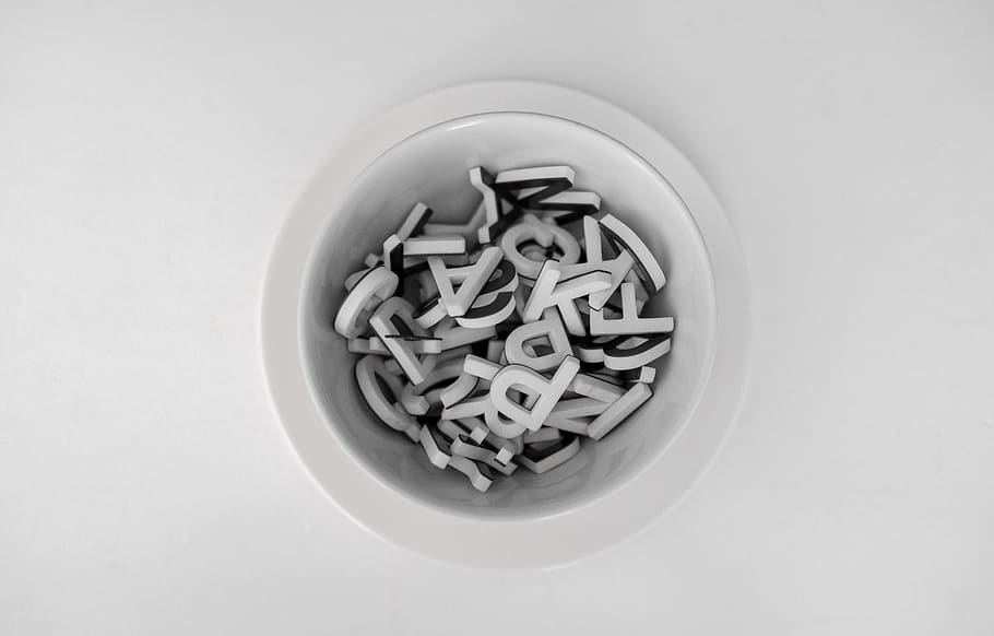 letters inside white bowl, directly above, indoors, still life HD wallpaper