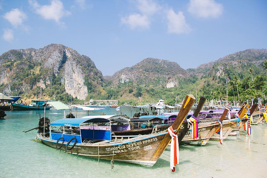 thailand, phi phi islands, sea, beach, nature, landscape, boat HD wallpaper