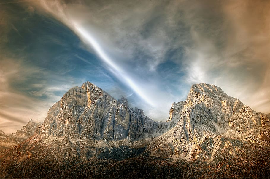 tofane, dolomites, nature, mountains, blue, clouds, rock, panorama HD wallpaper