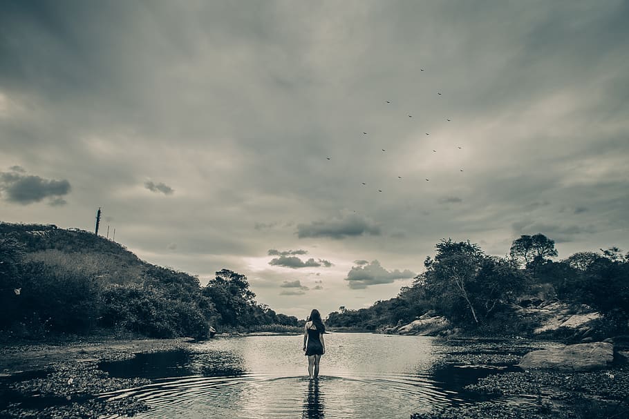 Grayscale Photo of Female on Body of Water, black-and-white, clouds HD wallpaper