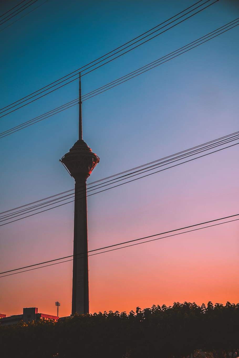iran, tehran, milad tower, street, cable, tall, city, sky, sunset, HD wallpaper