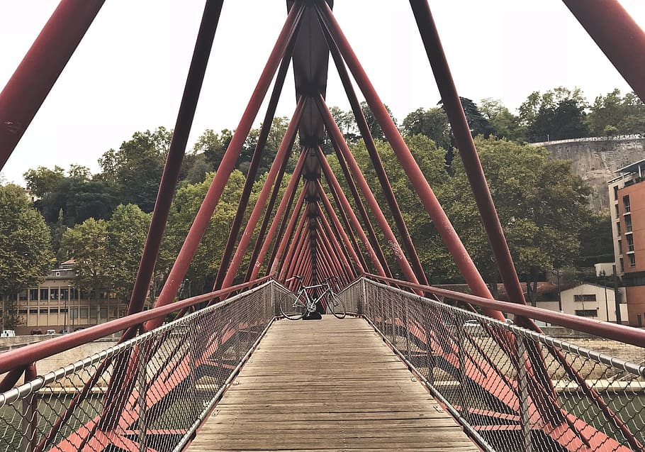 red metal bridge, building, boardwalk, suspension bridge, bike HD wallpaper