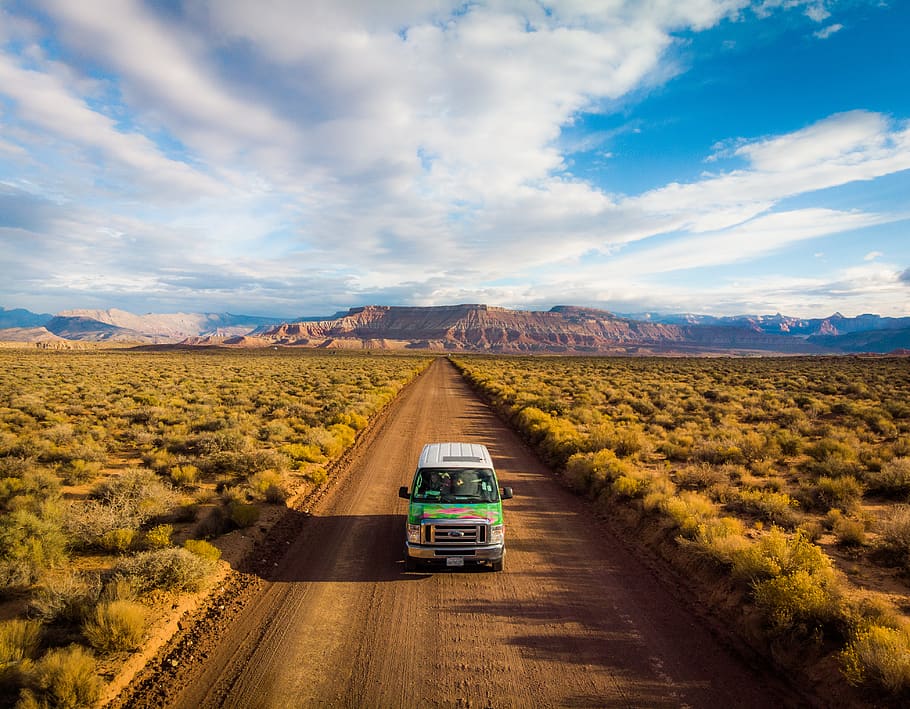 green vehicle, road, dirt road, gravel, transportation, offroad HD wallpaper