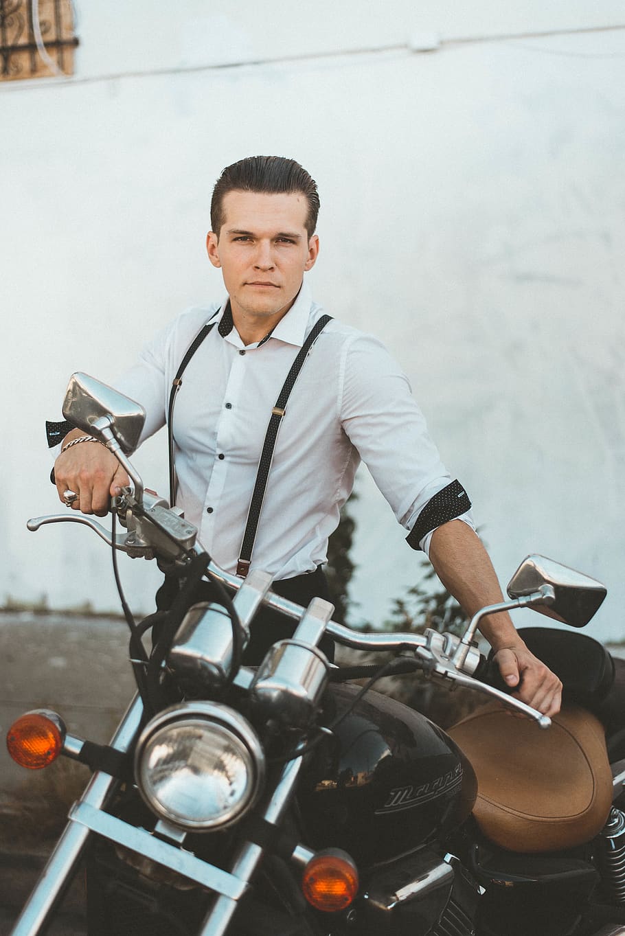 Man in White Dress Shirt Standing Beside Black Motorcycle, biker HD wallpaper