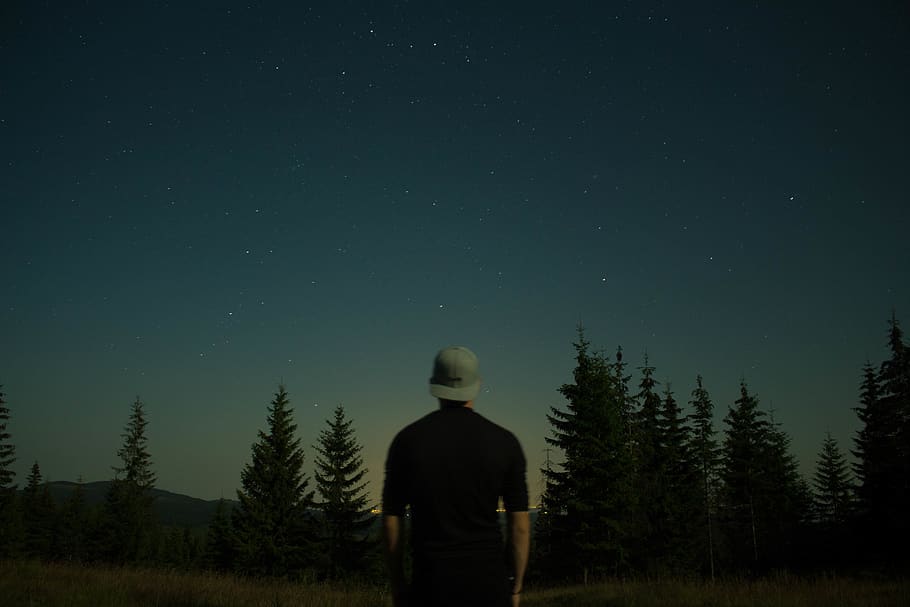 Man Looking Green Trees Under Blue Sky, astronomy, constellation, HD wallpaper