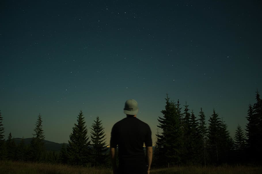 Man Looking Green Trees Under Blue Sky, astronomy, constellation HD wallpaper