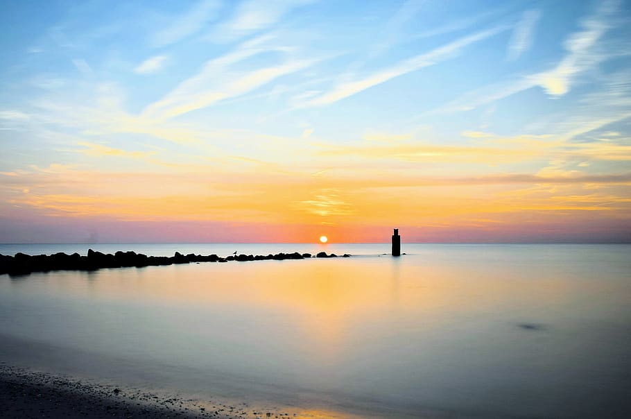 sunset, sea, beach, darkness, slow shutter speed, zealand, colors HD wallpaper