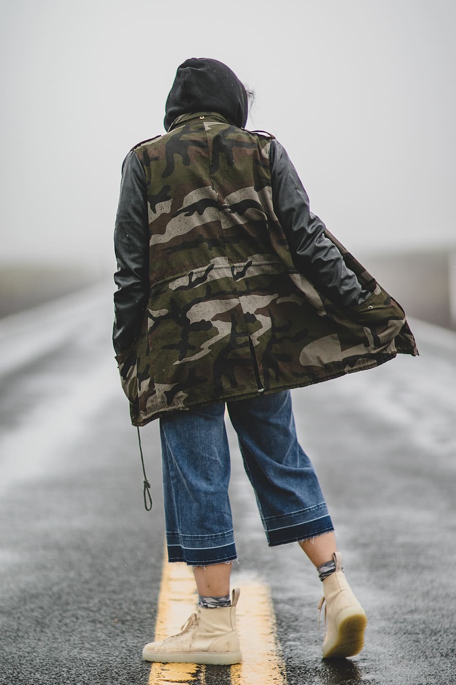 Person Wearing Camouflage Jacket, asphalt, back view, blur, depth of field, HD wallpaper