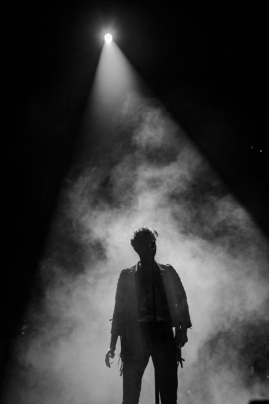 Man Standing Surrounded With Smoke, black-and-white, concert