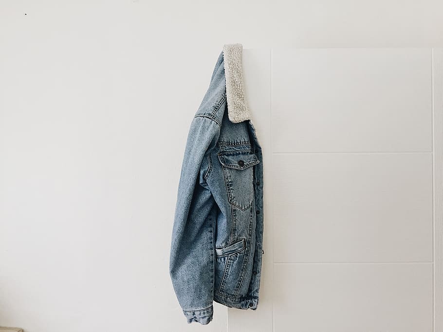 blue washed jacket hanging on white door, indoors, no people HD wallpaper