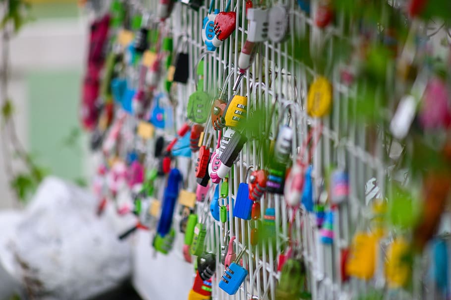 assorted-color padlocks on railing during daytime, selective focus HD wallpaper