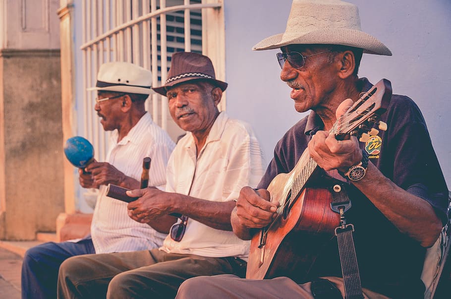 Three Men Playing Musical Instruments, adult, band, cuba, elderly