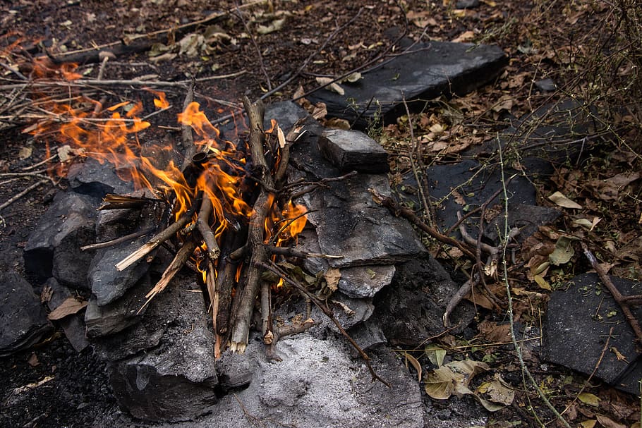 fire, flame, bonfire, ground, slate, forest fire, outdoors HD wallpaper