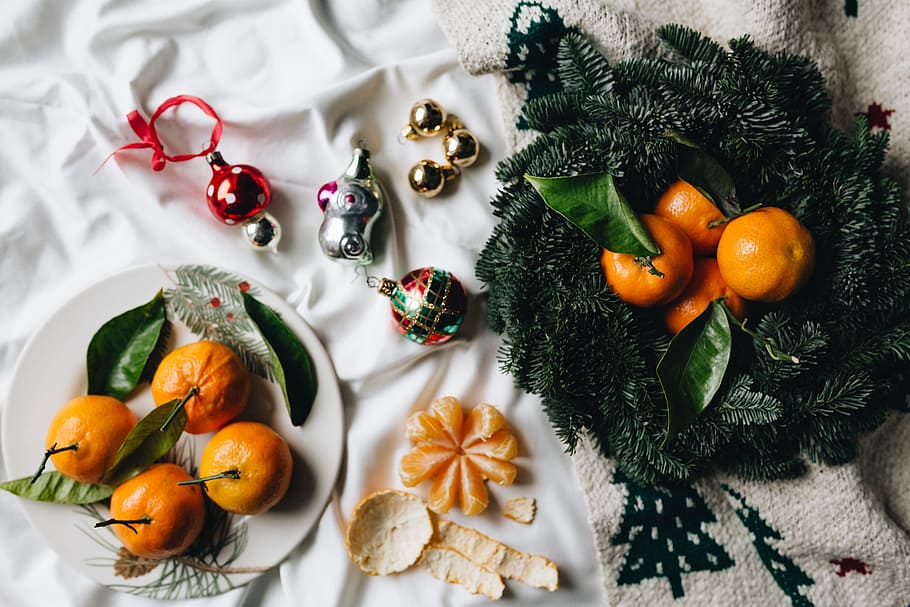 Still life of mandarin oranges with leaves, fruit, sweet, above HD wallpaper