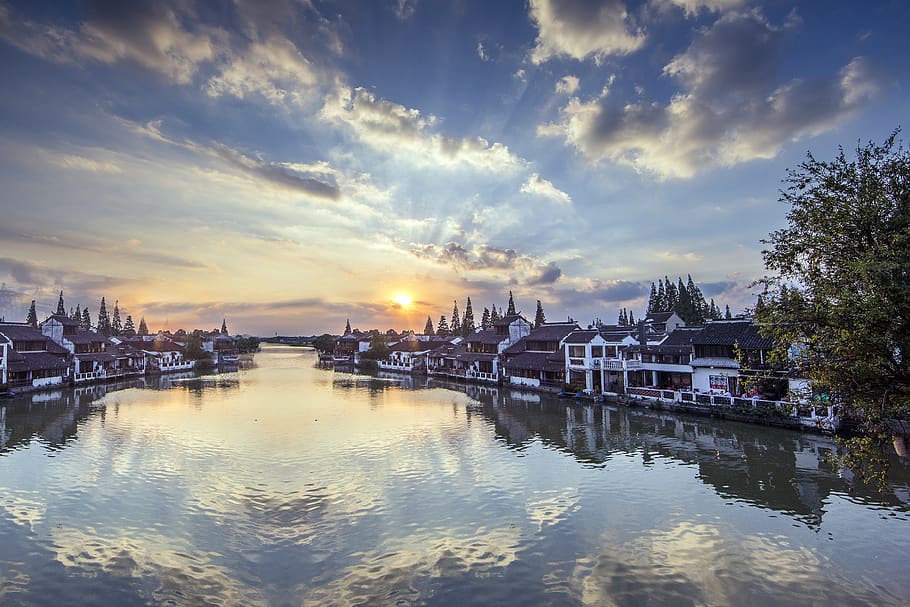reflection, waters, dawn, sky, sunset, architecture, nautical vessel HD wallpaper