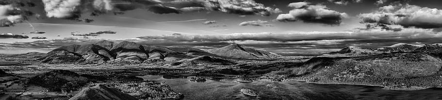 grayscale panorama shot, mountain, united kingdom, keswick, nature HD wallpaper