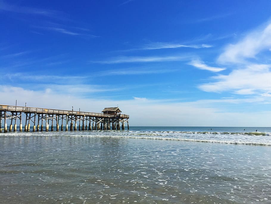beach, florida, pier, water, ocean, blue, sky, clouds, waves HD wallpaper