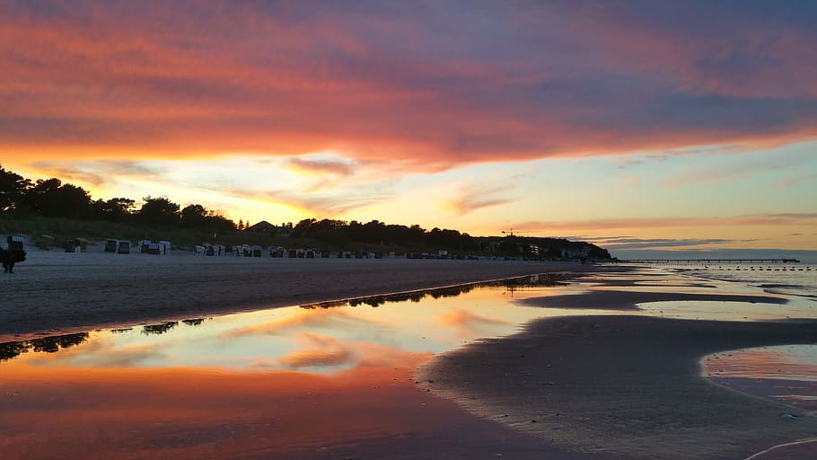 usedom, beach, evening, sunset, clouds, ocean, calm, water HD wallpaper