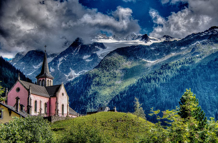 chapel on mountain landscape, sky, architecture, cloud - sky HD wallpaper